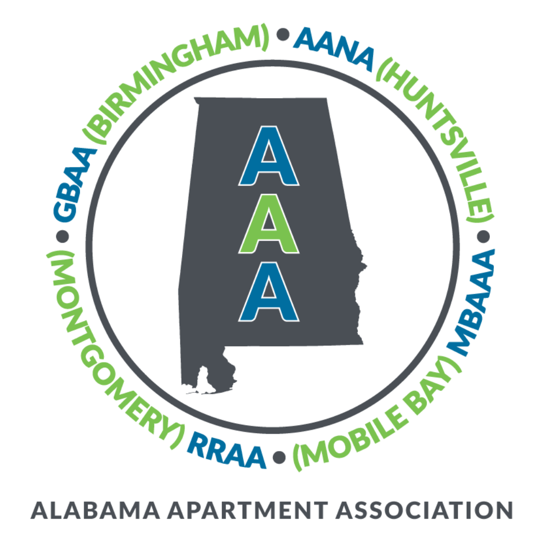 Alabama Apartment Association logo with Alabama silhouette and AAA letters in blue and green circular text
