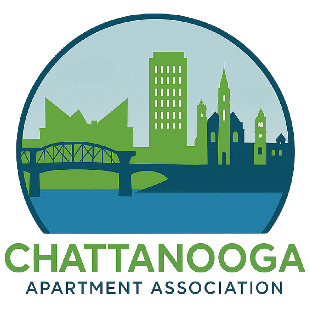 Chattanooga Apartment Association logo with green skyline and bridge over blue water in a circular emblem