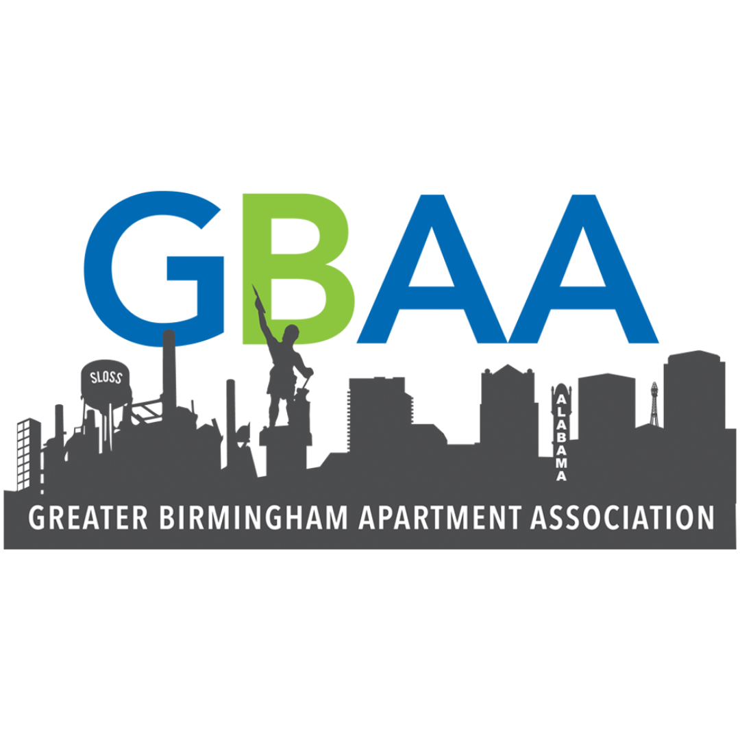GBAA logo with blue and green letters above a gray Birmingham skyline silhouette