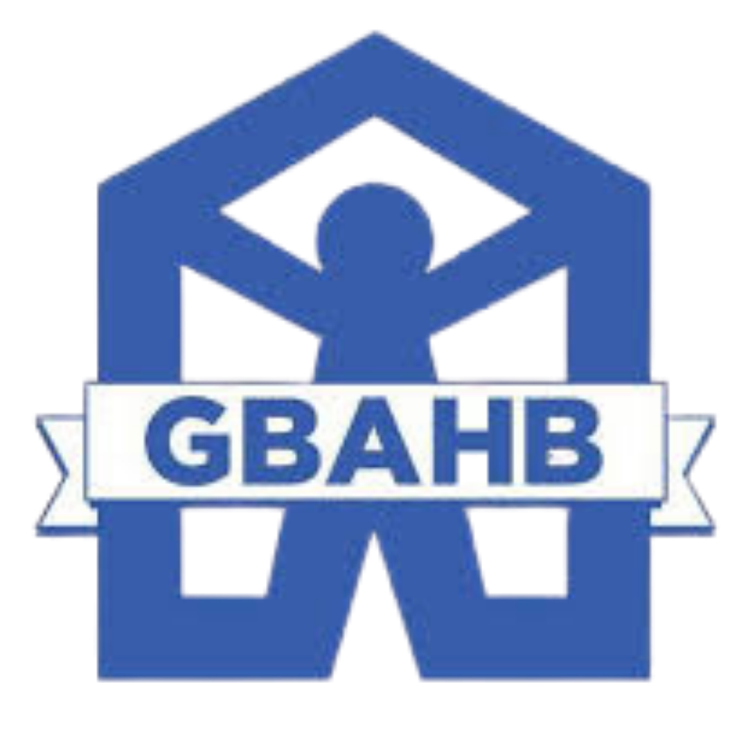 Blue GBAHB logo with stylized person and house outline, banner across the center