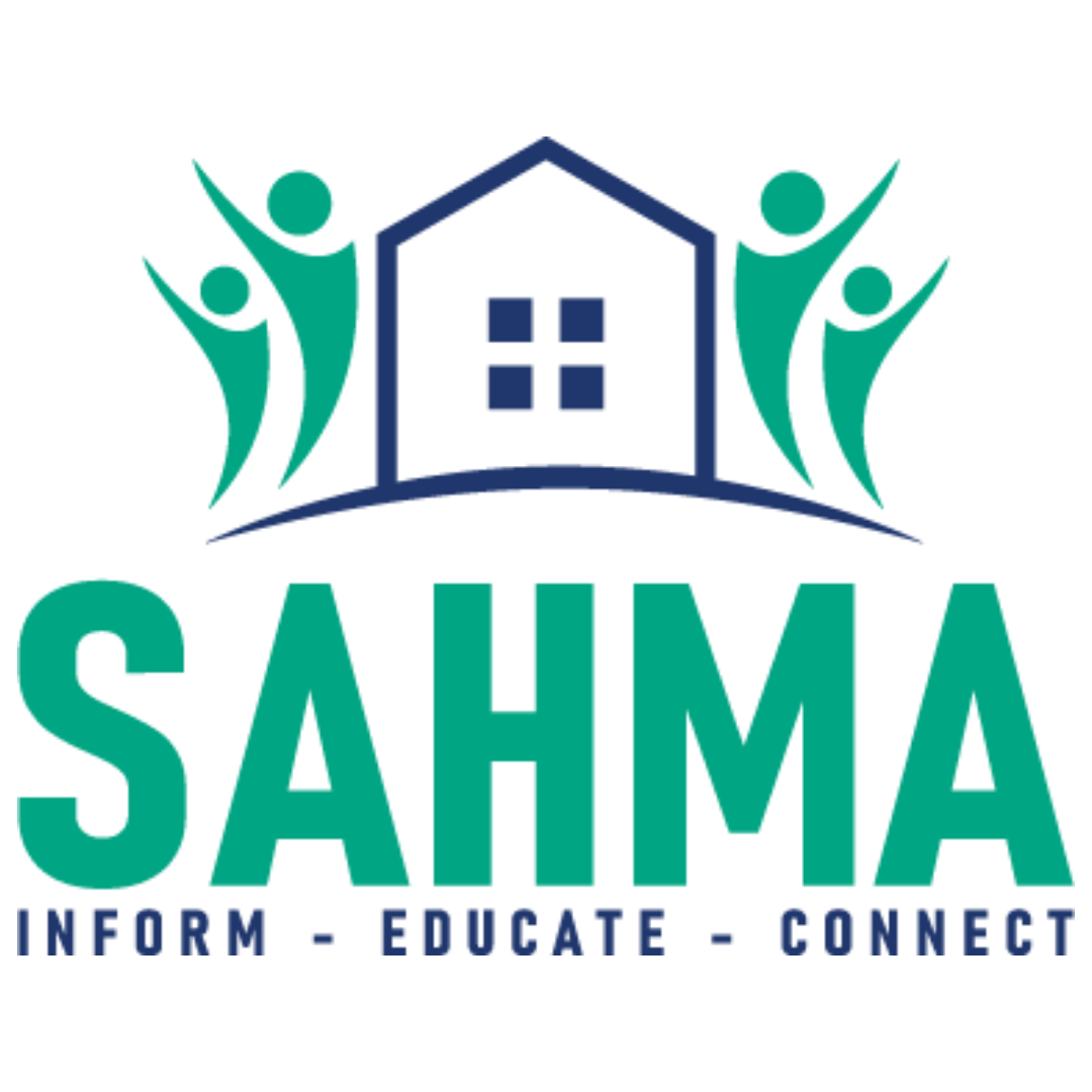 SAHMA logo with house and people icons, tagline “Inform - Educate - Connect”