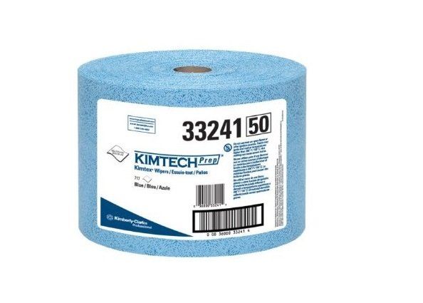 Un rollo de toallitas kimtech azules con una etiqueta blanca