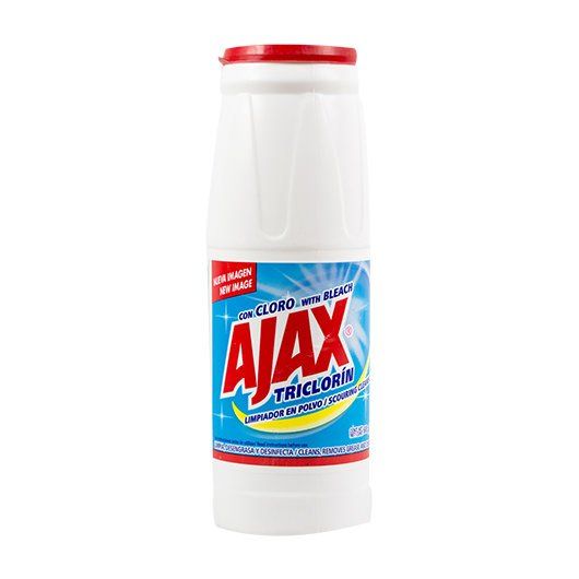 Una botella de lejía ajax sobre un fondo blanco.