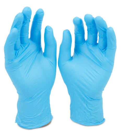 Un par de guantes de nitrilo azules sobre un fondo blanco.