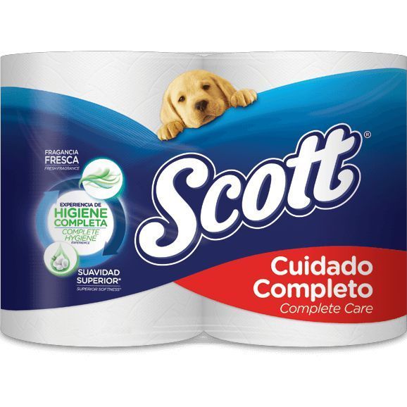 Dos rollos de papel higiénico Scott Cuidado Completo Complete Care.