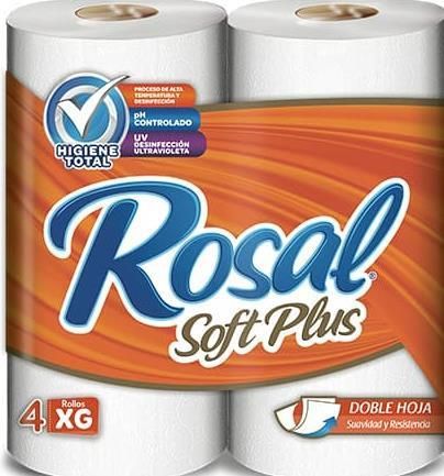 Dos rollos de papel higiénico rosal soft plus sobre fondo blanco.