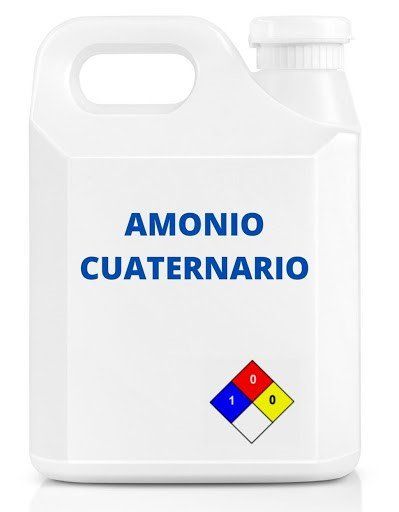 Un recipiente blanco con una etiqueta azul que dice amonio cuaternario