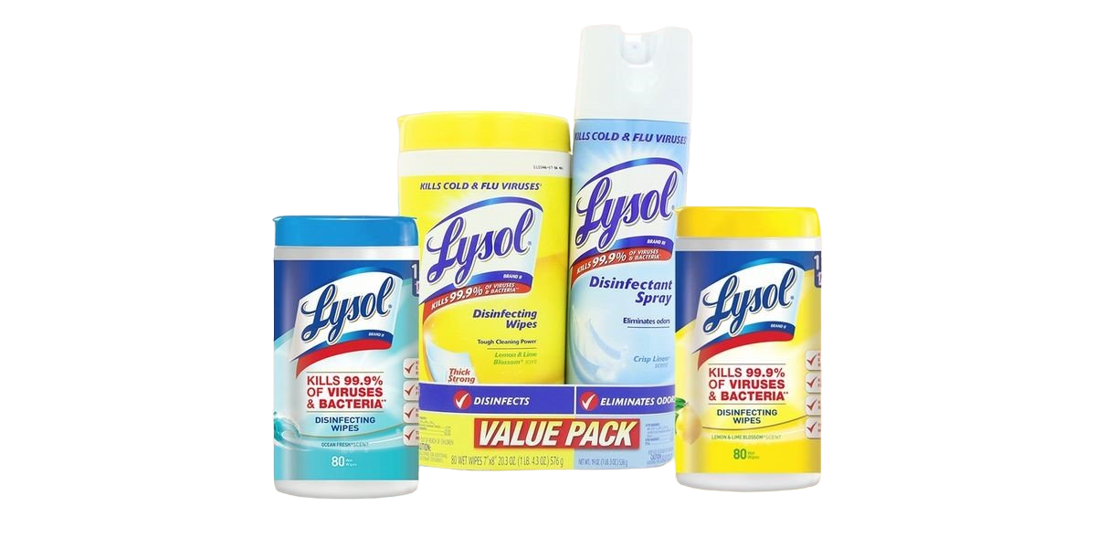 Un grupo de productos lisol están uno al lado del otro en una mesa.