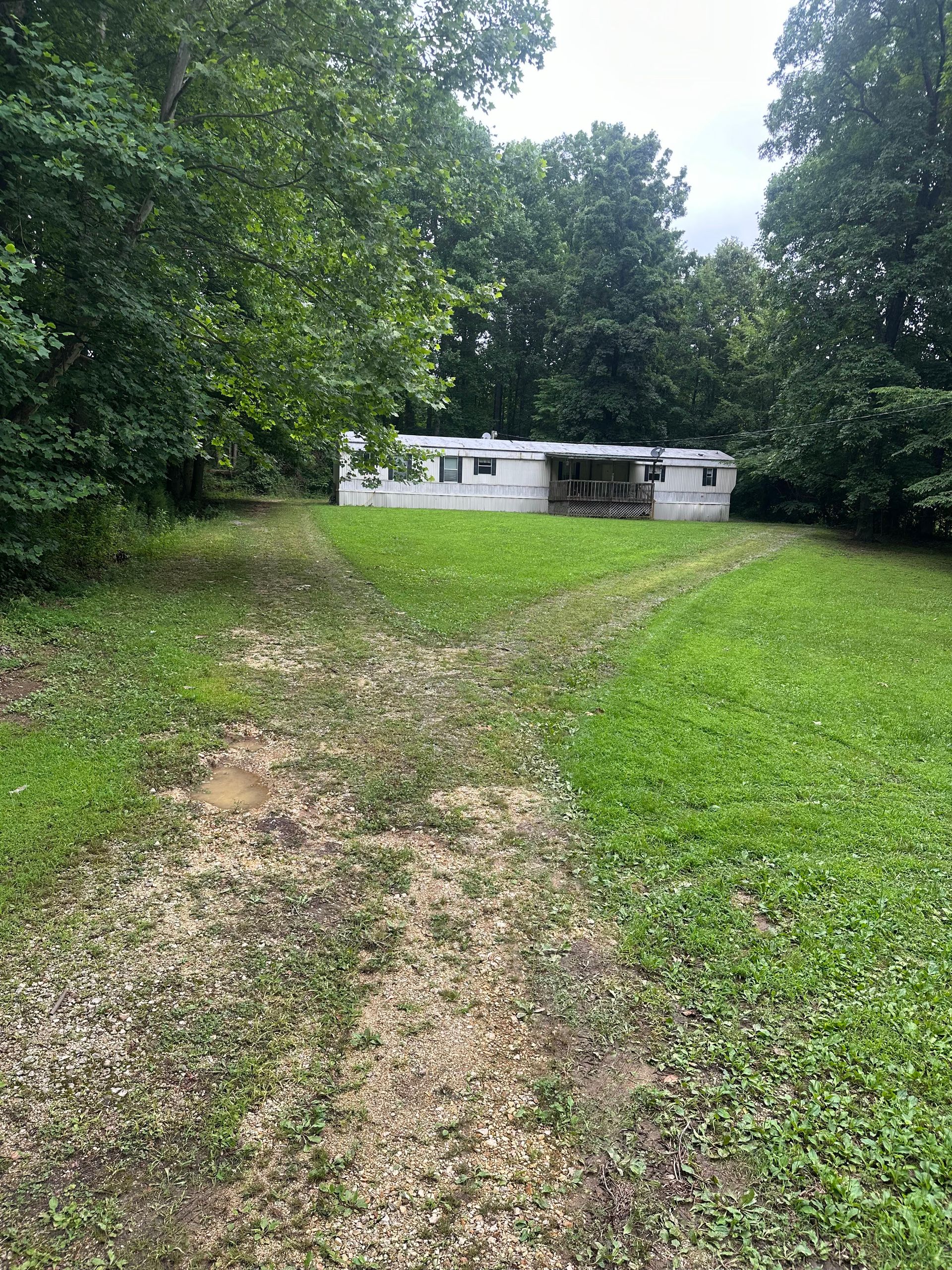 A house is sitting in the middle of a lush green field surrounded by trees.