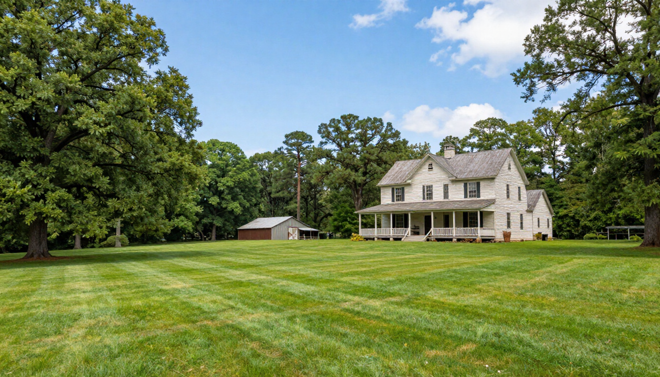A wide green lawn on a rural Tennessee property, representing a healthy septic drain field area.