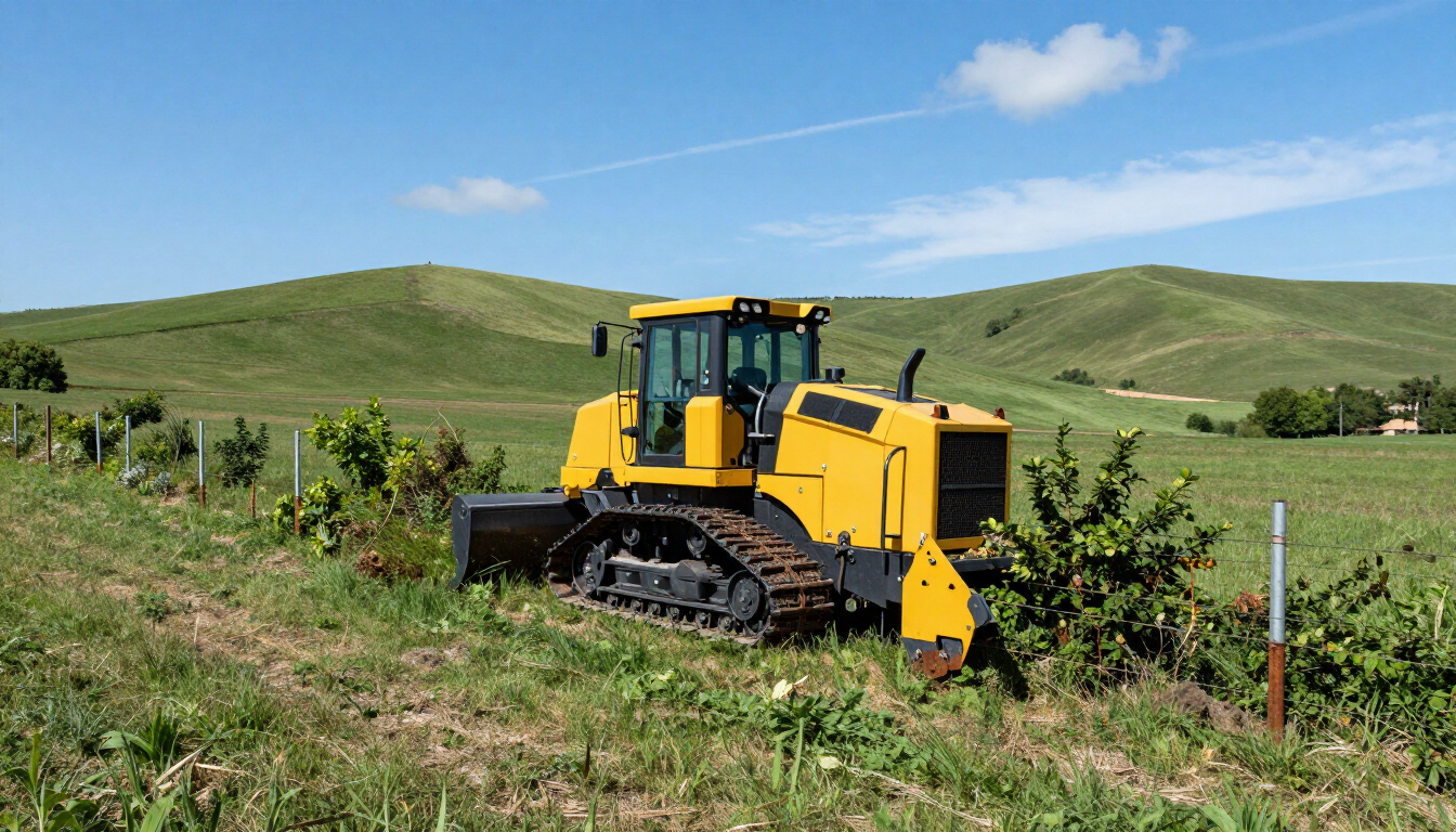 Tracked mulcher clearing overgrown fence row brush