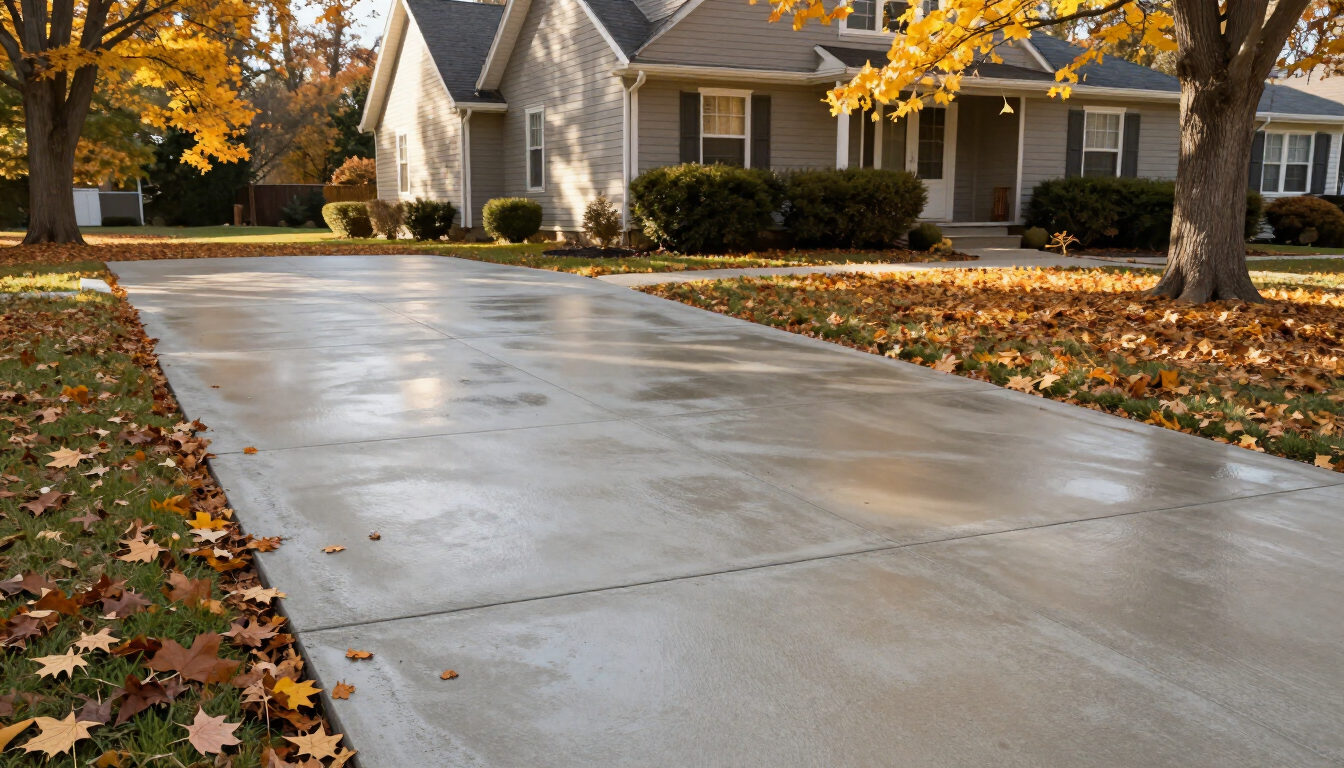 A freshly poured concrete driveway being finished in the early fall.
