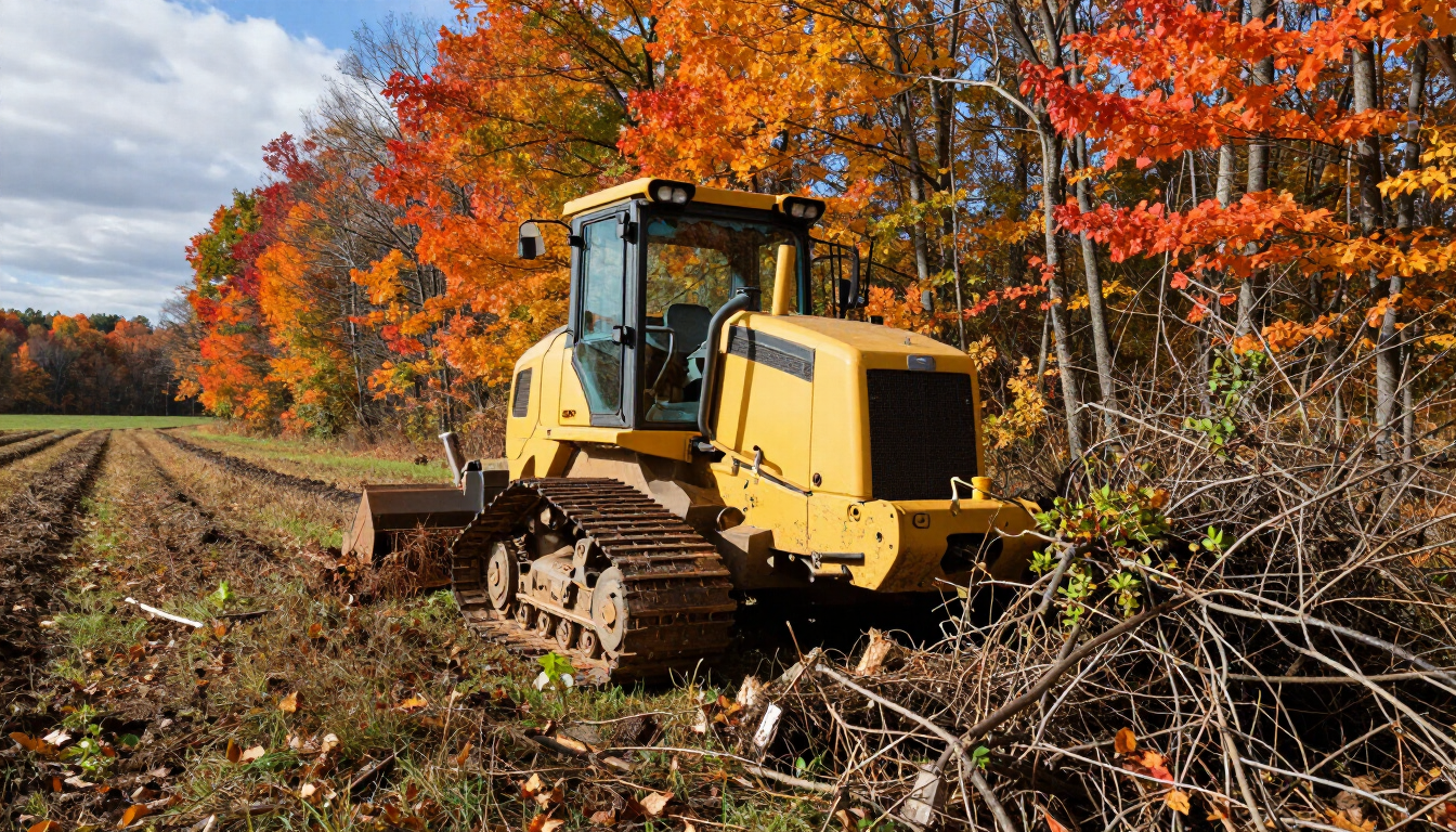 A professionally cleared field in a rural setting during autumn.