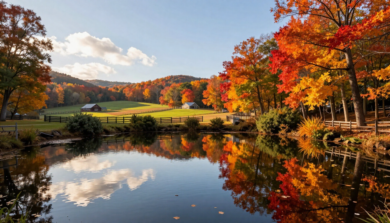 A well-maintained farm pond in the fall with colorful autumn leaves.