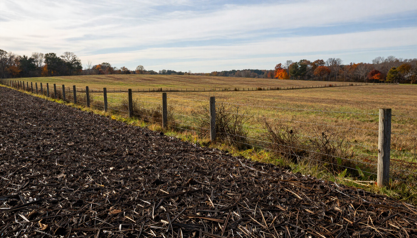 Freshly mulched pasture beside a cleaned fence row