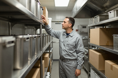 Commercial pest control technician inspecting restaurant kitchen