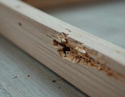 Close-up of termite damage showing tunneling in wood framing