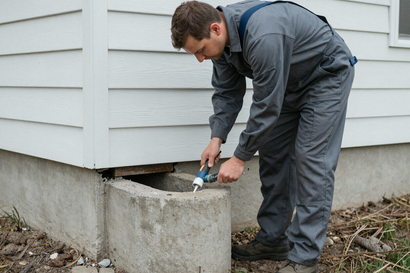Technician sealing foundation gap for rodent exclusion