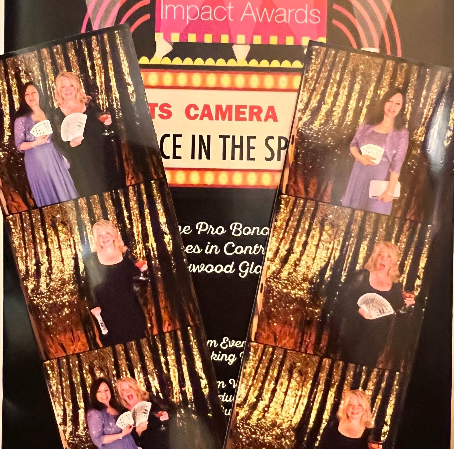 Three award photos over a stage sign reading “Impact Awards” and “Camera… in the Spotlight.”