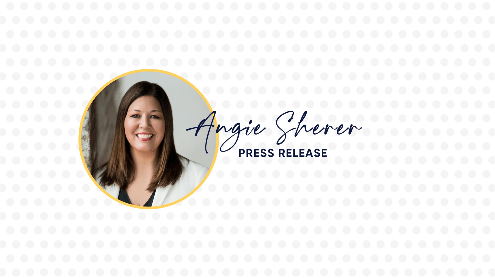 Angie Sherer, smiling woman, inside a gold circle; 