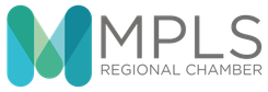 Logo of MPLS Regional Chamber with an overlapping M in blue and green. Grey text.