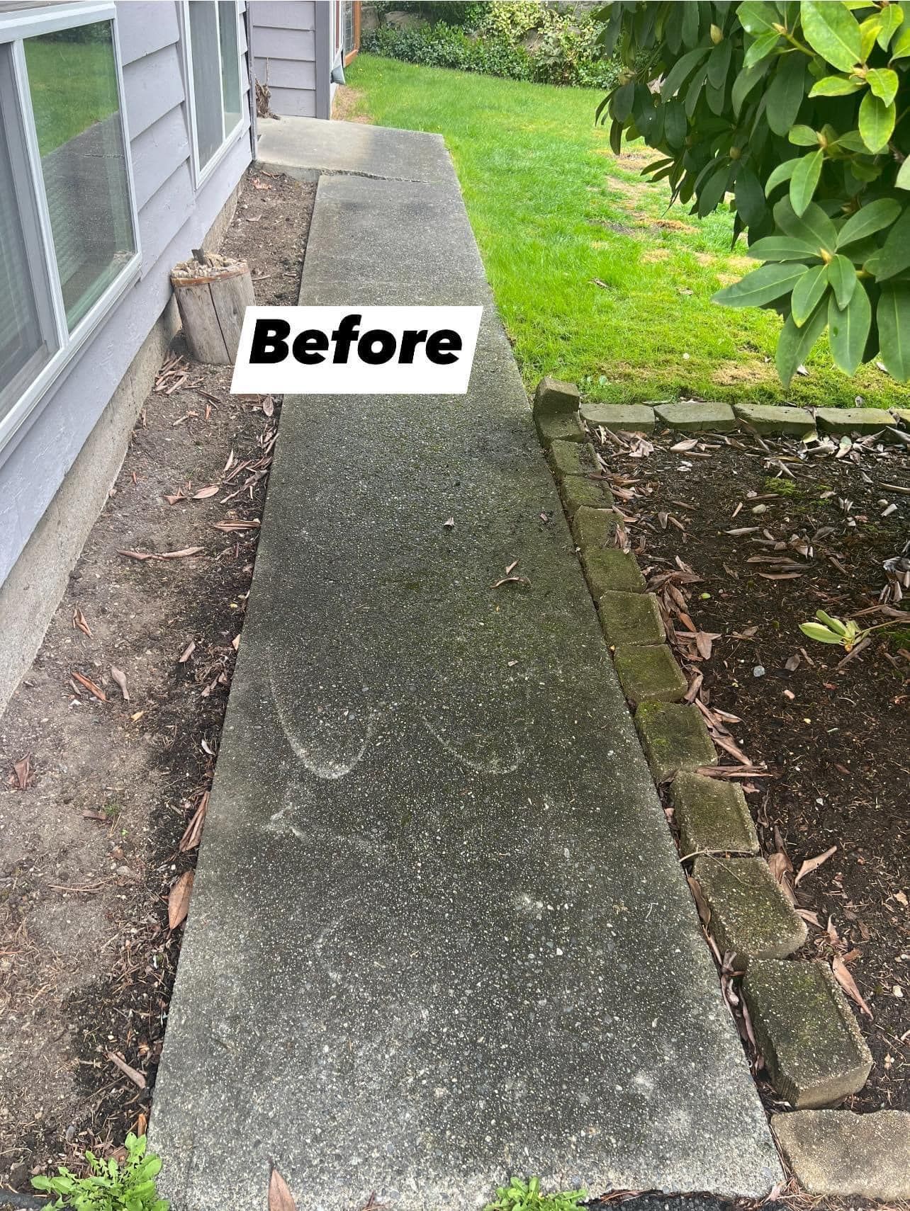 Before view of a weathered concrete walkway, next to a building and garden bed.