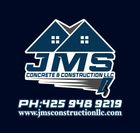 Logo for JMS Concrete & Construction LLC, with a house icon, text, and phone number on a dark blue background.