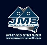 Logo for JMS Concrete & Construction LLC, with a house icon, text, and phone number on a dark blue background.