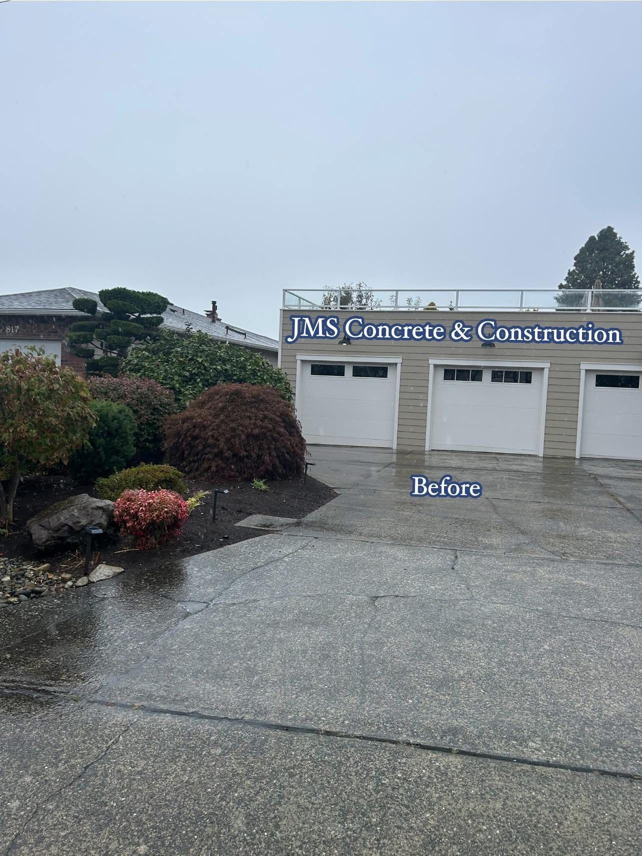 Exterior of a concrete and construction business with three garage doors, a sign, and landscaping.