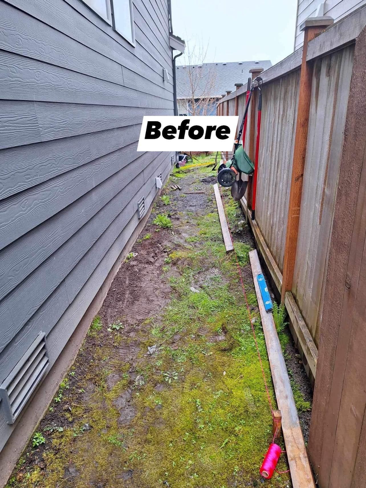 Before: Narrow, overgrown yard between a gray building and wooden fence.