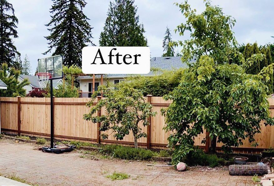 Backyard with a wooden fence, basketball hoop, and trees after landscaping.