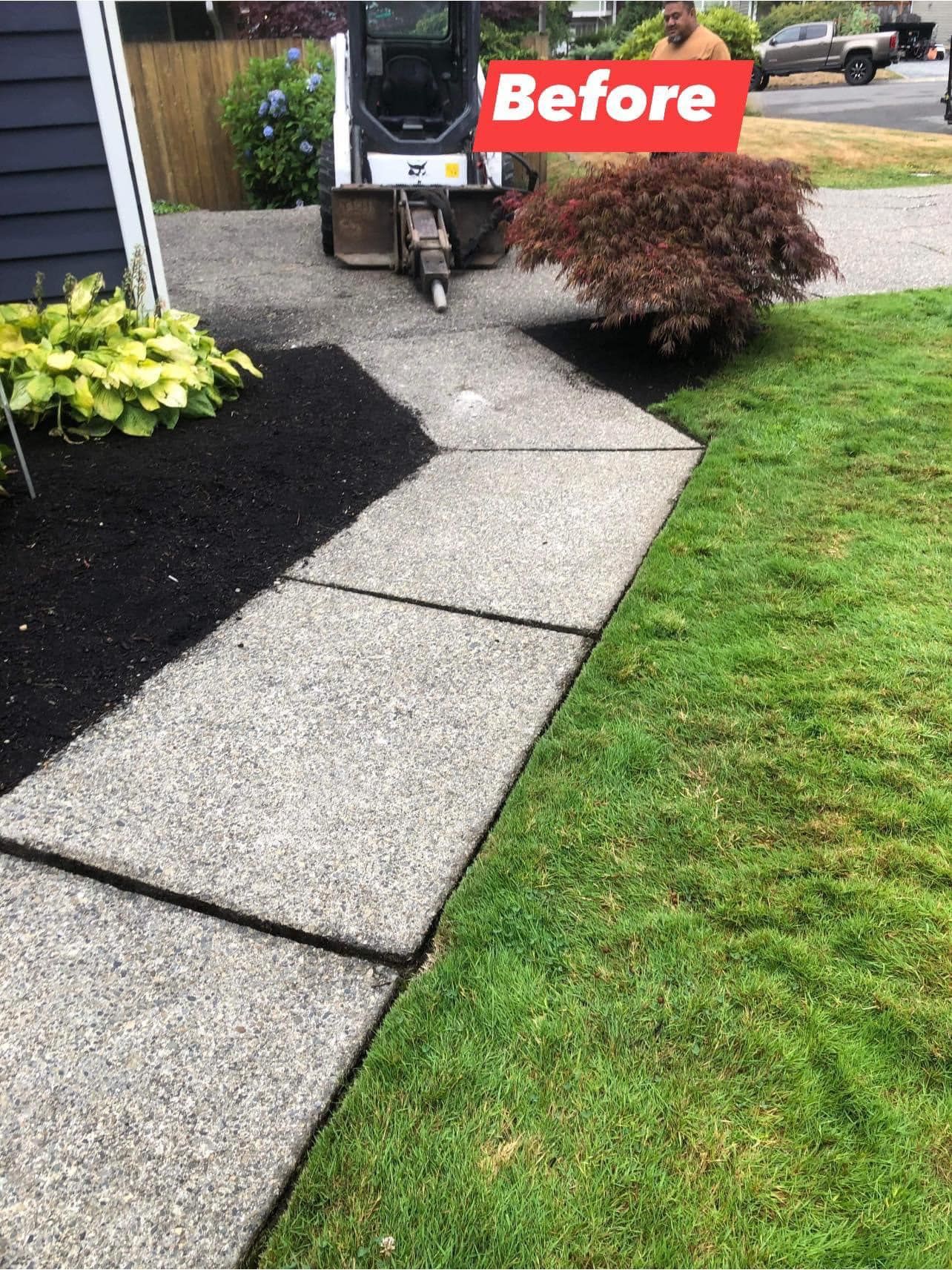 Sidewalk with cracked concrete sections, before repair, with Bobcat and 