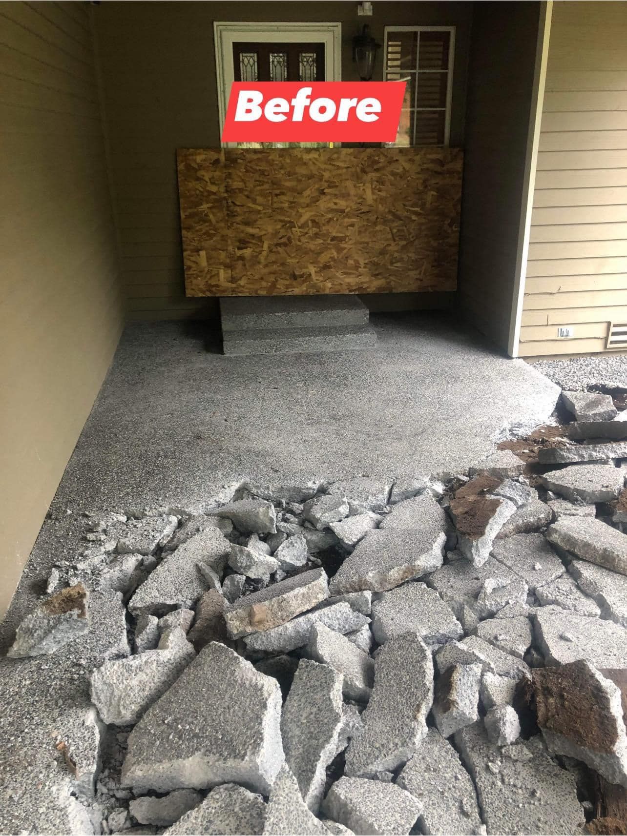 Porch with severely damaged concrete surface, labeled 