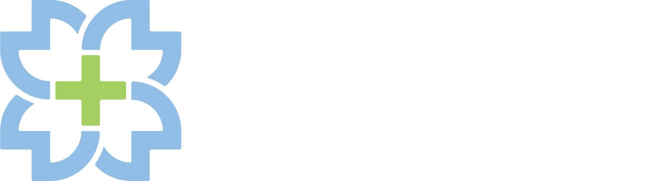 Logo with a light blue and green floral design.
