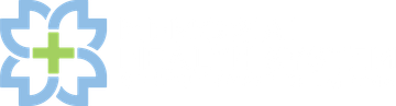 Logo with a light blue and green floral design.