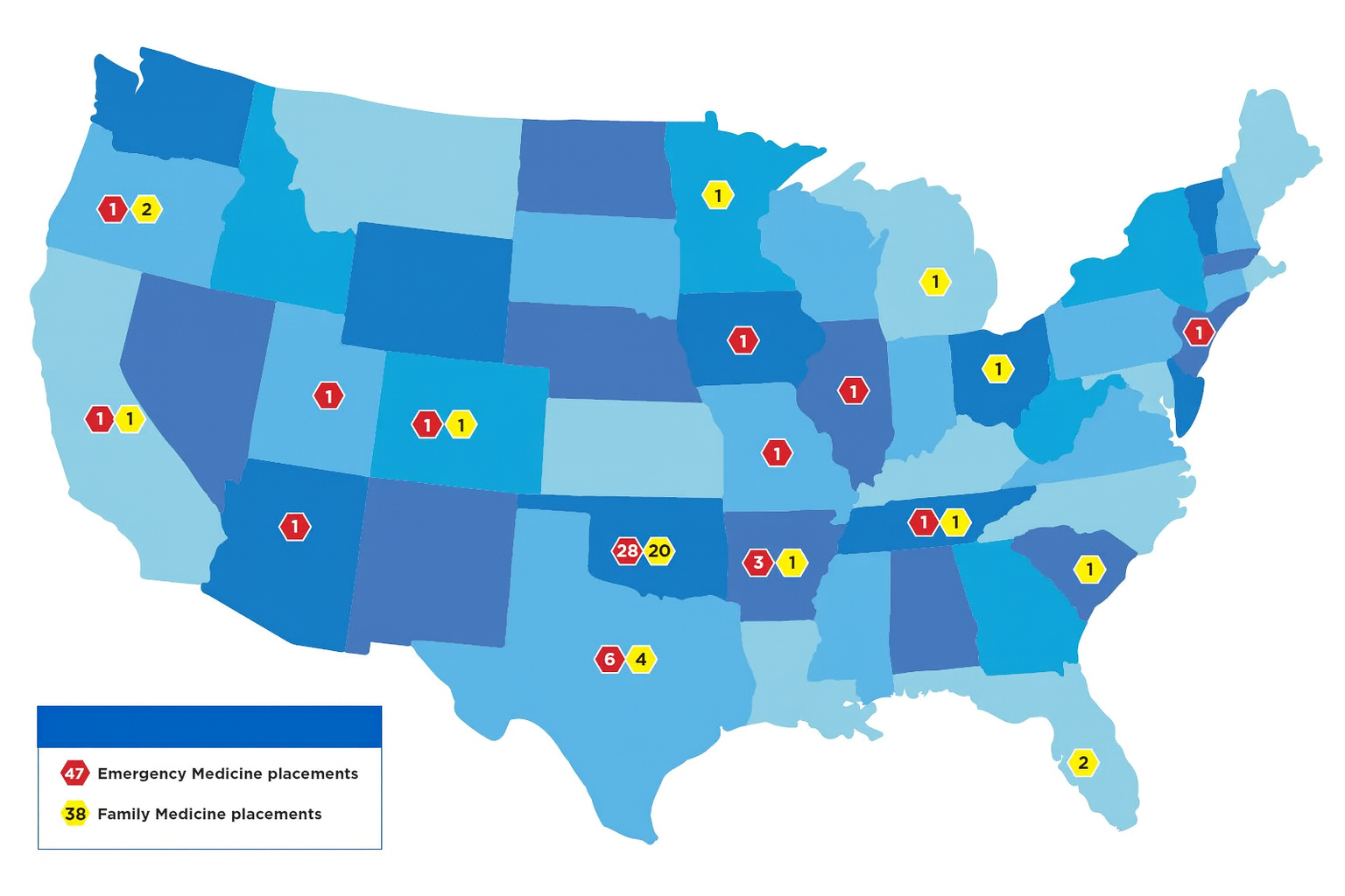 Map of US states colored to show company locations and early notice placements.