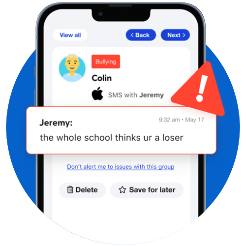 Bullying warning on phone screen showing Jeremy’s message, with delete and save for later options