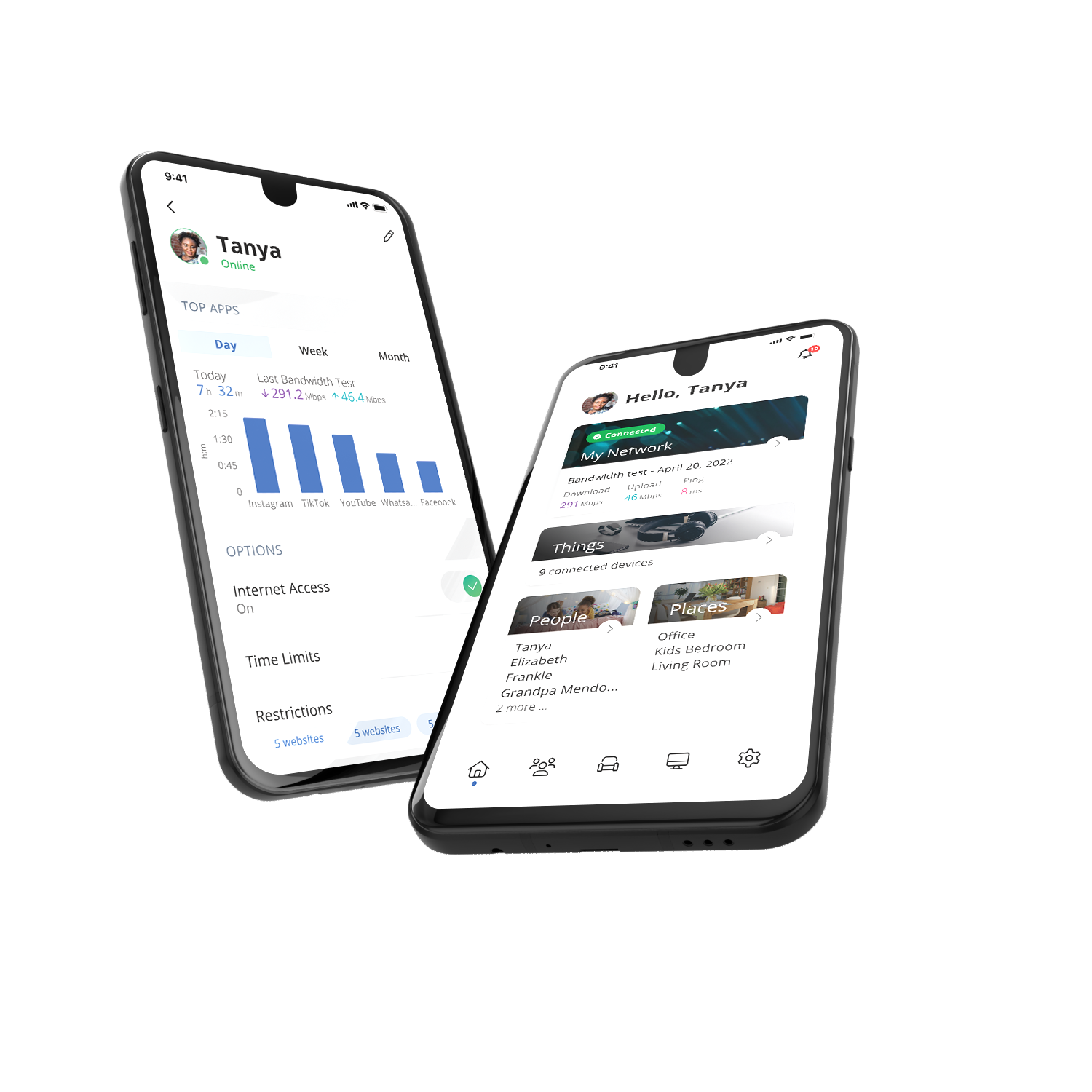 Two smartphones showing a mobile app dashboard and feed on white background