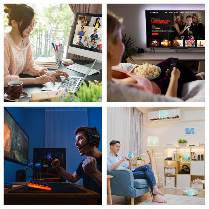People streaming on laptops and TVs, watching shows and gaming in cozy living rooms and home offices