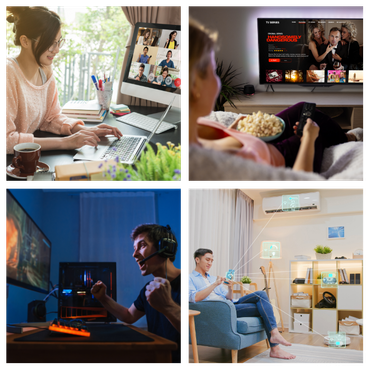 Four people streaming TV on laptops and a monitor in different cozy living spaces