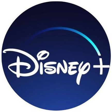 Disney+ logo in white on a dark blue circular background with a blue arc above the text