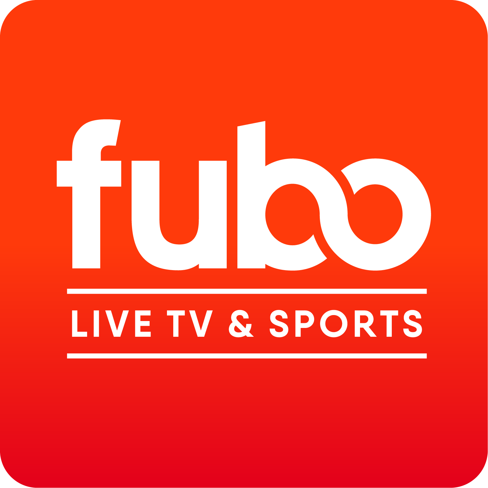 Fubo TV & Sports logo on a red-orange gradient background, with white text and underline