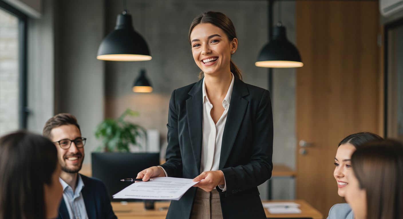 Smiling colleagues in a modern office, with a woman standing and handing out papers during a meeting