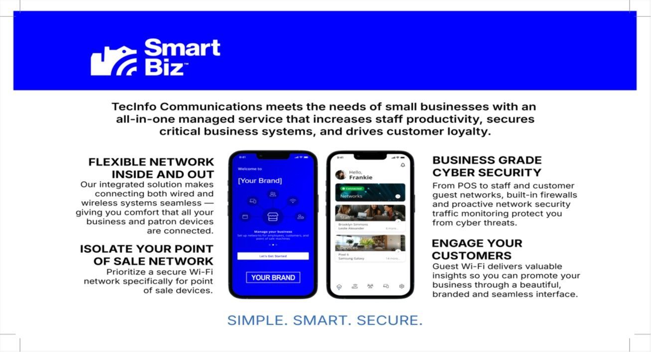 SmartBiz flyer about securing small businesses, with blue header, phone graphic, and cybersecurity tips.