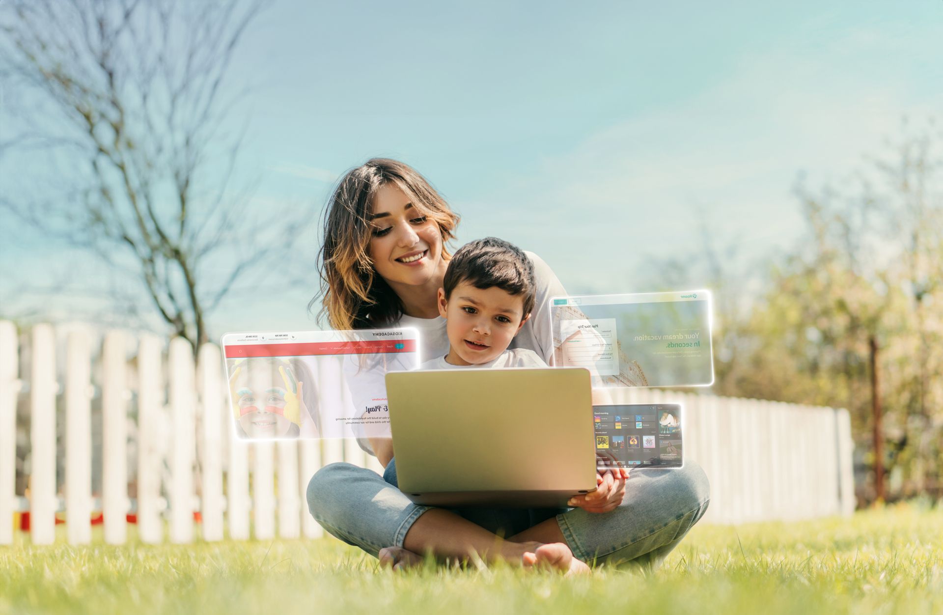 Woman and child using a laptop on grass in a sunny backyard