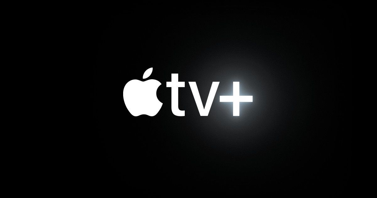 Apple TV+ logo in white on a black background.