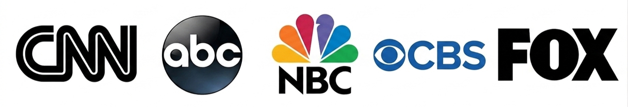 Black-and-white logos of CNN, ABC, NBC, CBS, and FOX in a row