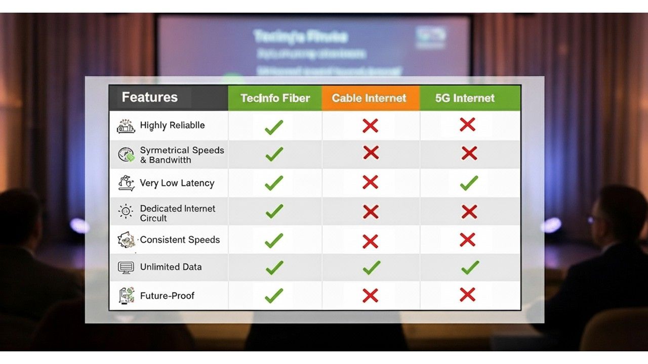 Feature comparison table on a presentation screen with green checks and red Xs against a purple-lit stage background