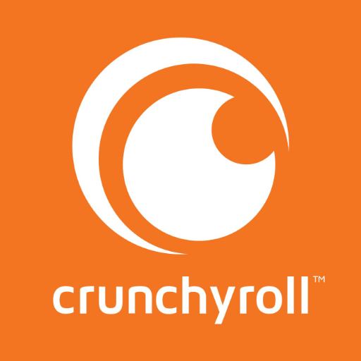Crunchyroll logo on orange background, white circular swirl icon with wordmark