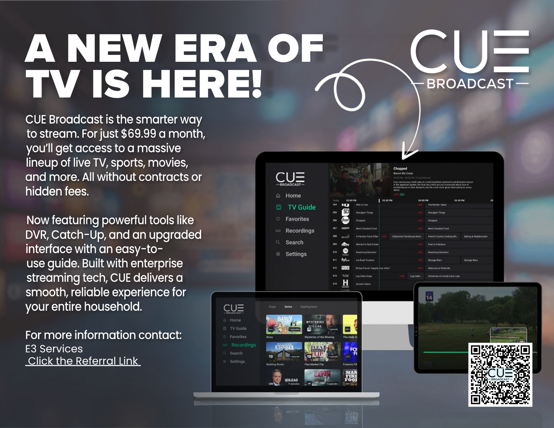 CU Broadcast TV ad with dark background, bold white headline, and devices showing a streaming interface